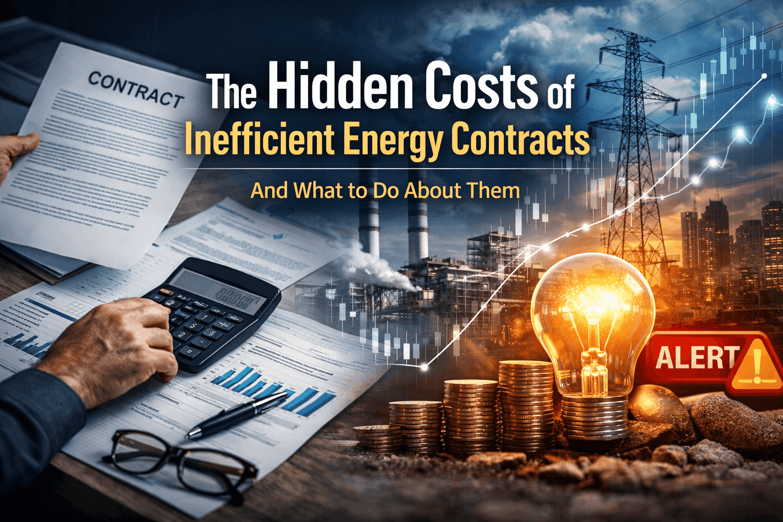the hidden costs of inefficient enery contracts graphic with calculator and lightbulb to depict ideas